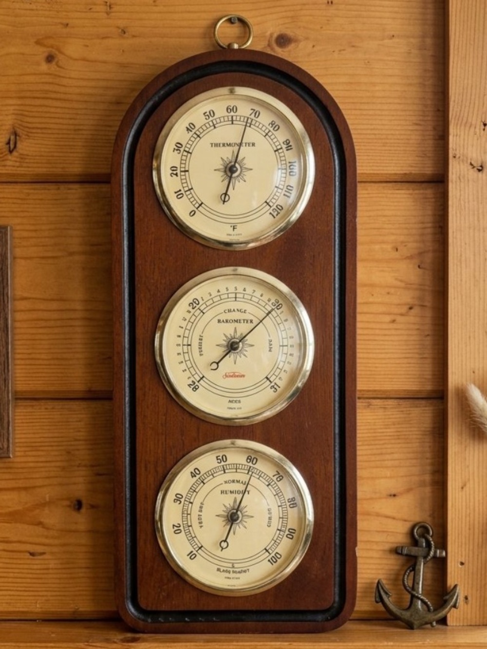 Vintage Sunbeam Brown Wood Triple Weather Station Wall Decor